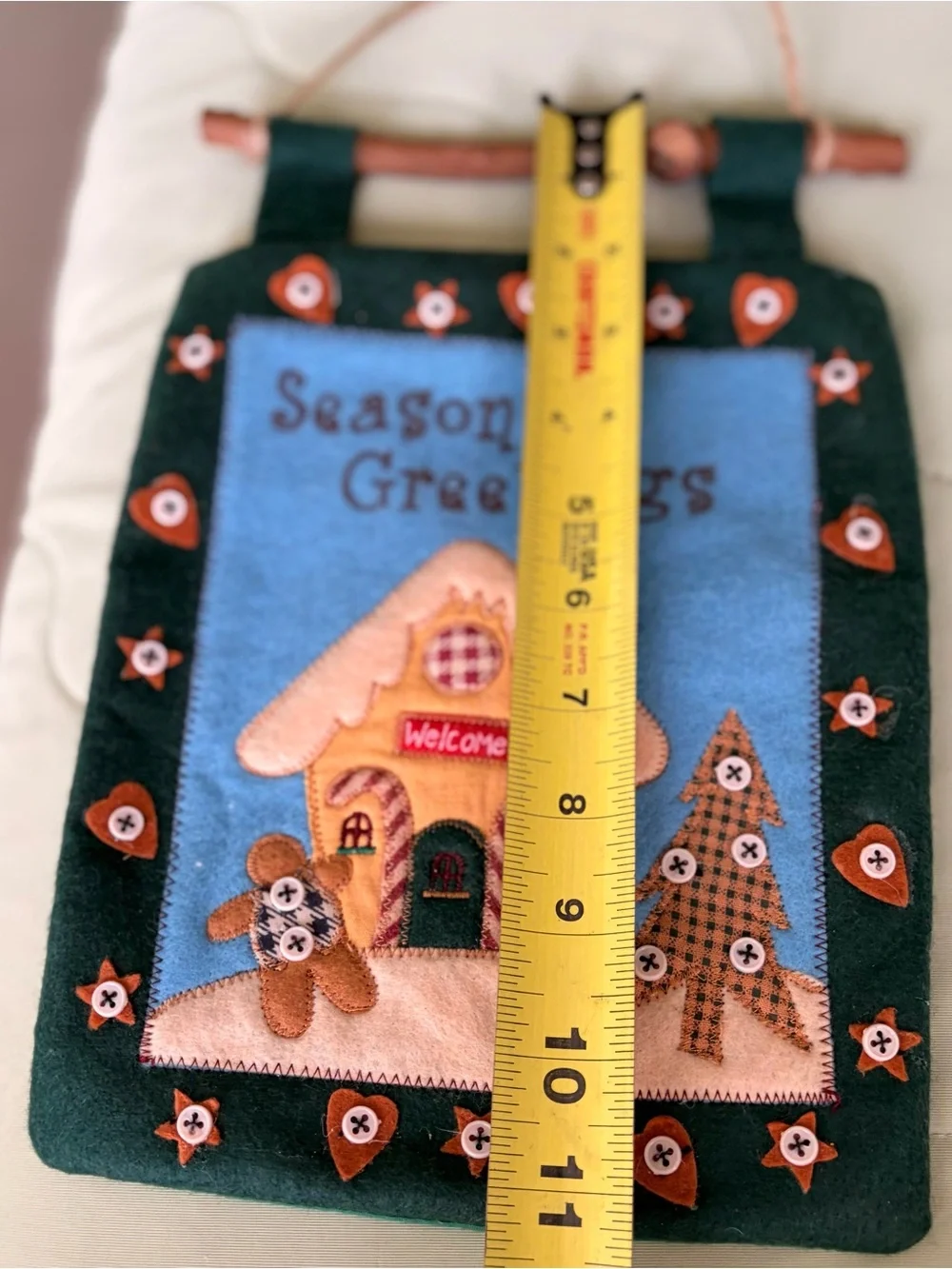 Season's Greetings Felt Holiday Wall Hanging - Green/Blue Gingerbread Man Cabin